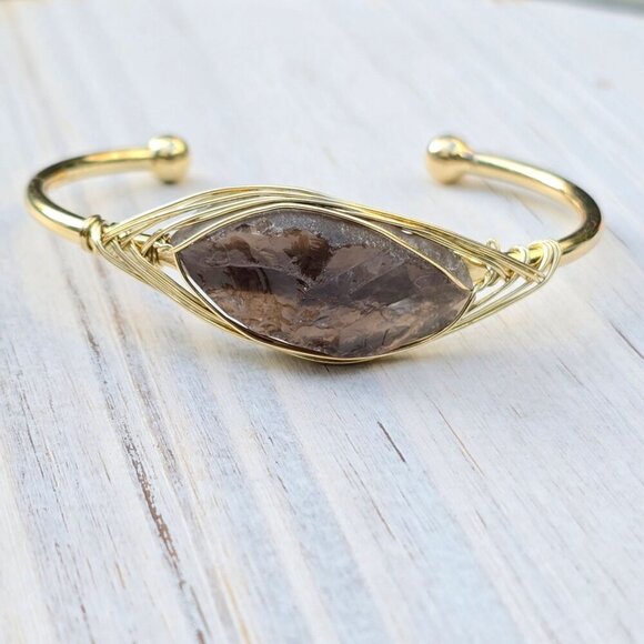 Smoky Quartz ✦ Leaf Wire Wrap Cuff ✦ 14Kt Gold Over Copper w/ Sculptural Crystal - Picture 10 of 12